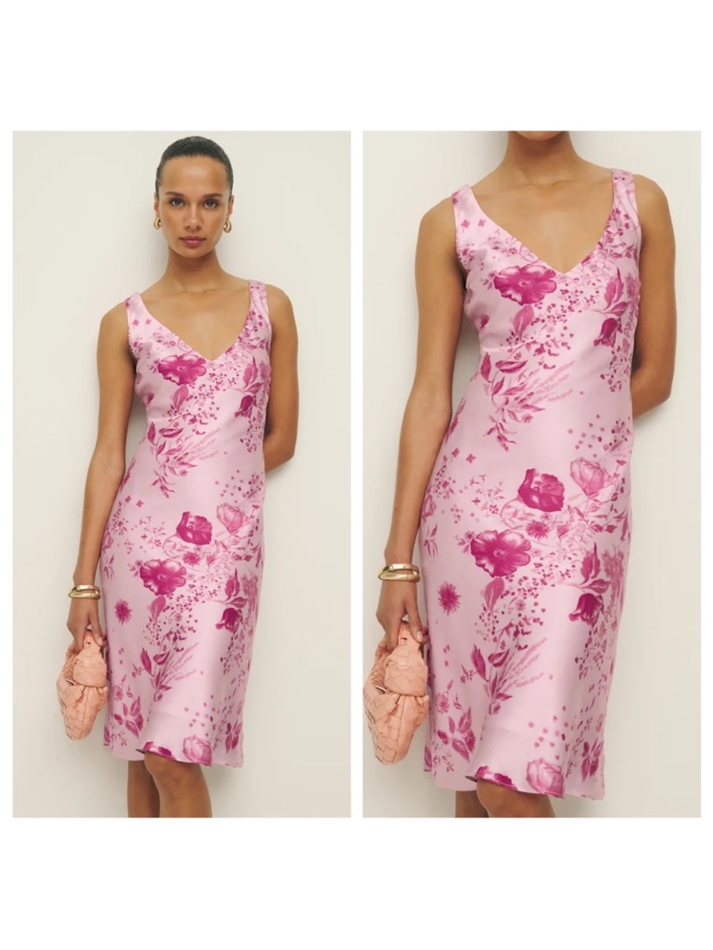 Reformation Pink Lila silk Floral V-Neck Sleeveless Midi Dress Medium